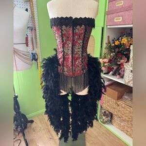 Elegant Red and Black Lace Corset with Feather Trim